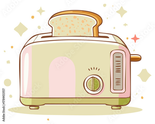 Cartoon illustration of a retro toaster with bread slice for breakfast concept