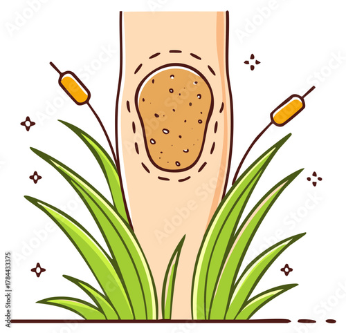 Allergen pollen exposure: Cartoon stylized leg partly hidden in grass with pollen grains visible in an outlined circle.