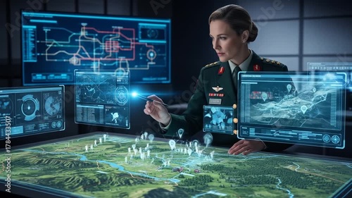 Military strategy planning on holographic display technology with topography map