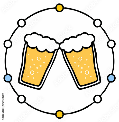 Toast of beer mugs, colorful circle with pints cheers, celebration design with foam, craft beer.