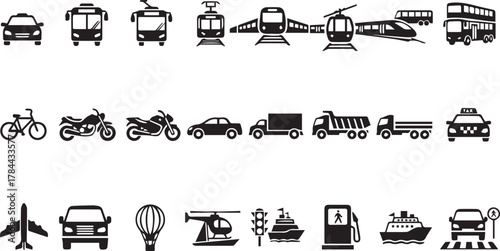 A comprehensive collection of black and white transportation vehicle icons set isolated on white background