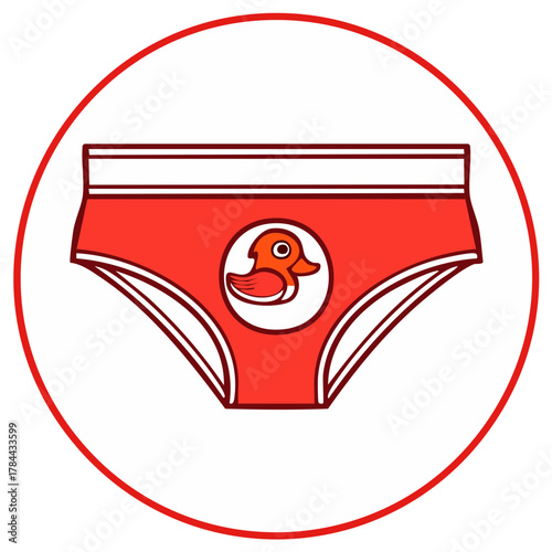 Red underwear with a duck illustration in a circle and a red outline, apparel, icon, and graphic