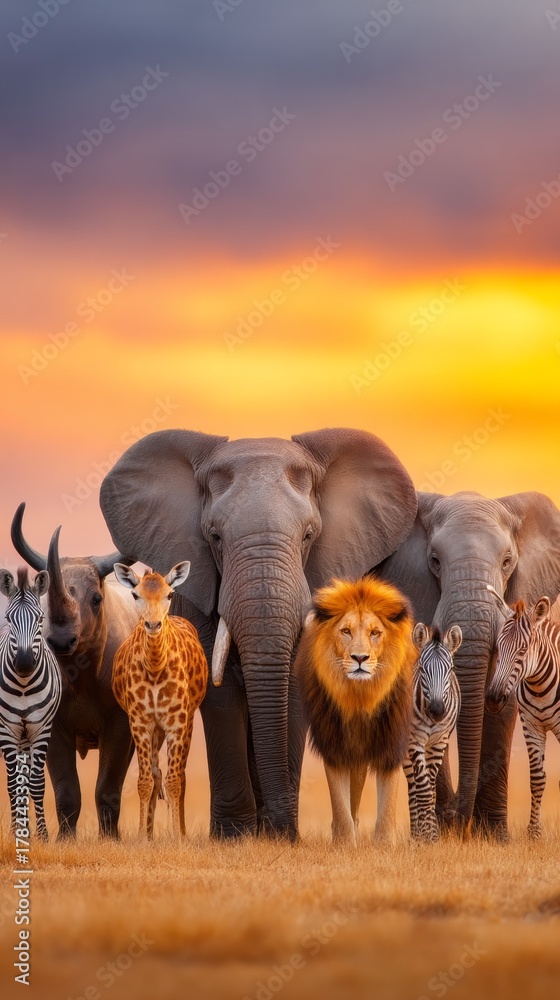 Obraz premium A striking gathering of iconic African safari animals stands together in golden grass. Elephants, a lion, a giraffe, and zebras enjoy the vibrant sunset, creating a majestic scene of wildlife harmony