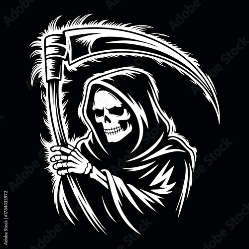 Grim Reaper with Scythe Vector Illustration on Black Background. Dark Hooded Skeleton Grim Reaper Holding Scythe Cartoon Art. Death Reaper Skeleton in Hood with Scythe Illustration. Evil Grim Reaper 