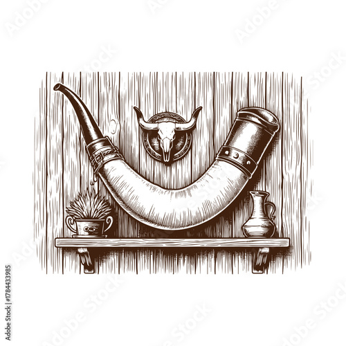 Western Saloon Wall with Longhorn Mount – Vintage Black and White Engraving