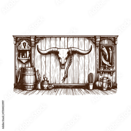 Western Saloon Wall with Longhorn Mount – Vintage Black and White Engraving