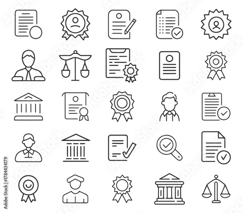 Collection of hand drawn legal and business icons representing documents awards and justice