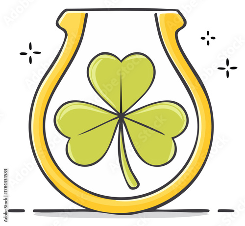 Hand drawn doodle golden horseshoe with green shamrock clover inside symbol of luck and good fortune cartoon illustration