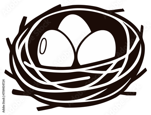 Minimalist black and white vector icon of a bird's nest holding three unhatched eggs