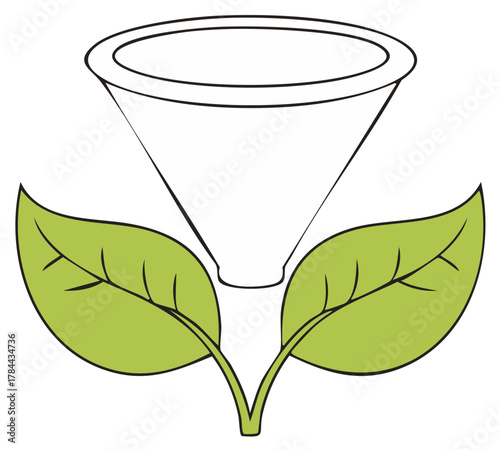 Conceptual illustration of a funnel atop green leaves, representing organic filtering or natural processes