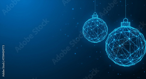 Glowing wireframe Christmas ornaments hanging elegantly from thin strings on the right side.