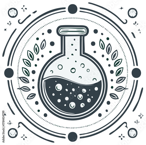 Alchemy Potion Bottle Illustration with Bubbles and Botanical Elements, Round Flask with Herbal Decoration