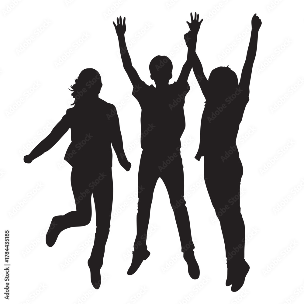Fototapeta premium Group of Three Young People Silhouettes Jumping Together with Arms Raised in Joy and Celebration