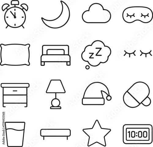 Vector monochrome line icon set about sleep