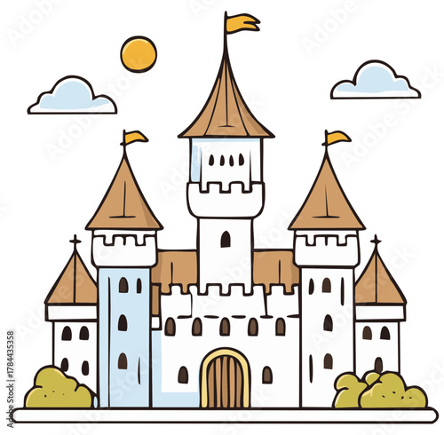 Enchanting cartoon fairytale castle illustration with multiple towers and yellow flags