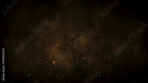 Realistic fire particles and smoke overlay background Flying sparks and embers from a fire. Abstract glowing particles of burning fire and smoke on a black background, campfire flashes. Cinematic
