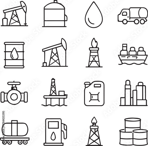 Vector monochrome line icon set about oil industry
