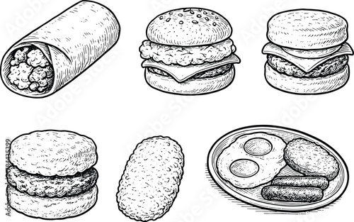Hand drawn black and white breakfast and fast food illustration with burger, burrito, eggs, sausage and croquette