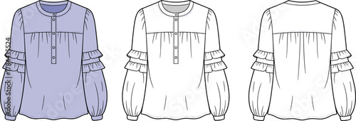 Women blouse fashion design, puff sleeve ruffle detail flat sketch, CAD drawing vector illustration, apparel technical template, clothing mockup garment constructionWomen blouse fashion design, 