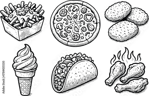 Hand drawn black and white fast food illustration with pizza, taco, fries, chicken nuggets, ice cream and fried drumsticks
