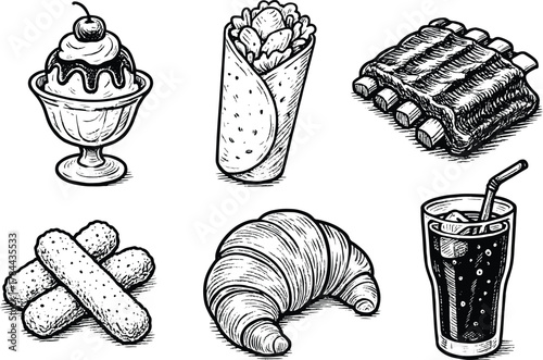 Hand drawn black and white fast food and dessert illustration with wrap, ribs, croissant, ice cream sundae and cold drink