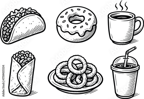 Hand drawn black and white illustration of fast food snacks including taco, donut, coffee, wrap, onion rings and soda cup