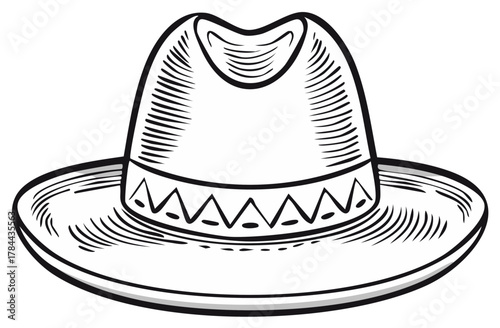 Traditional wide brim hat illustration cultural headwear with decorative patterned band classic design