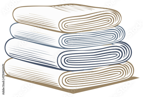 A neat stack of folded clean towels or blankets illustrated in a vintage line art style