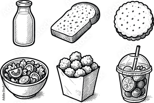 Hand drawn black and white healthy snack and drink illustration with milk bottle, bread, salad, popcorn, cookie and juice cup
