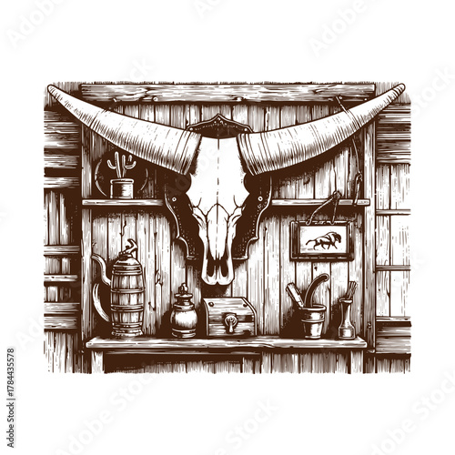 Western Saloon Wall with Longhorn Mount – Vintage Black and White Engraving