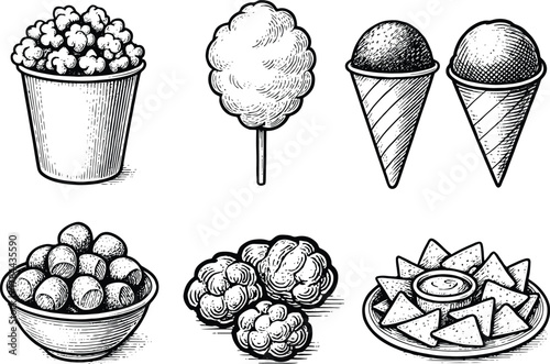 Hand drawn black and white snack and dessert illustration with popcorn, cotton candy, ice cream cones, nachos and sweet balls