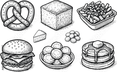 Vintage hand drawn illustration of fast food snacks including burger, fries, pancakes, pretzel, cheese, and dessert in engraving style