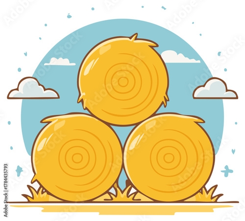 Cartoon Hay Bales Stacked with Blue Sky Background and Clouds Farm Harvest Scene