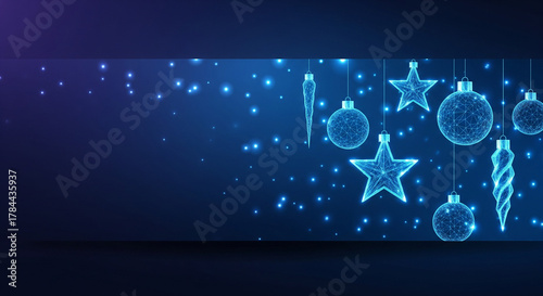 Horizontal website banner featuring glowing wireframe Christmas ornaments hanging from thin strings on the right.