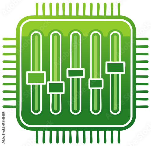 Green electronic circuit board with audio sliders, sound engineering and music production technology concept for audio mixing, podcasting and digital media