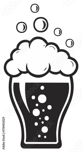 Stylized black and white illustration of a beer glass with frothy head and rising bubbles