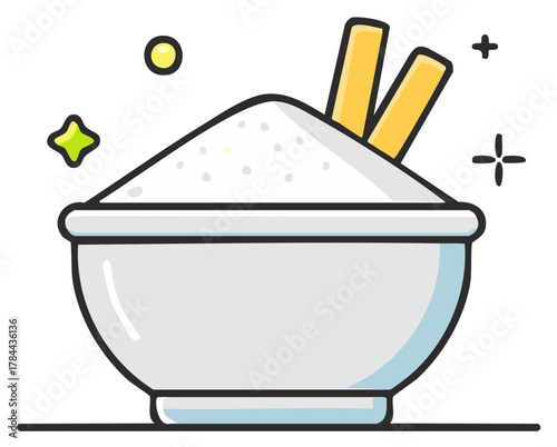 Stylized Bowl with White Powder and Yellow Sticks, Vector Illustration, Food Ingredient and Additive Icon, Decorative Elements
