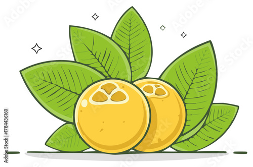 Two Fresh Yellow Fruits with Green Leaves Simple Cartoon Style Vector Illustration