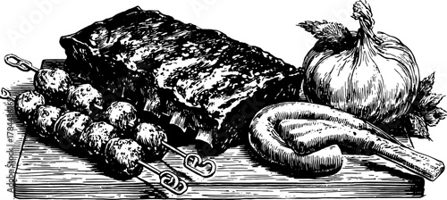 Meat dish featuring skewers, onion, and grilled items. Detailed black silhouette in a vintage vector illustration set.