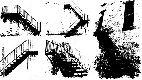 Engraving of stairs in silhouette style. This vector illustration features retro design elements and detailed outlines in a black and white format.