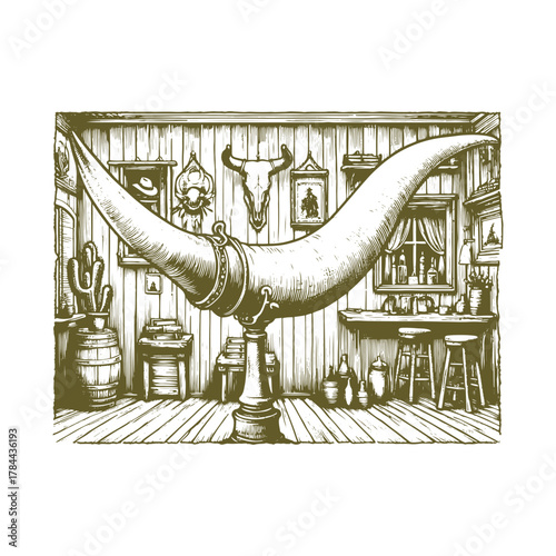 Western Saloon Wall with Longhorn Mount – Vintage Black and White Engraving