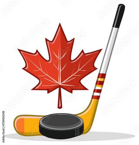 Canadian maple leaf hockey stick and puck sports icon illustration