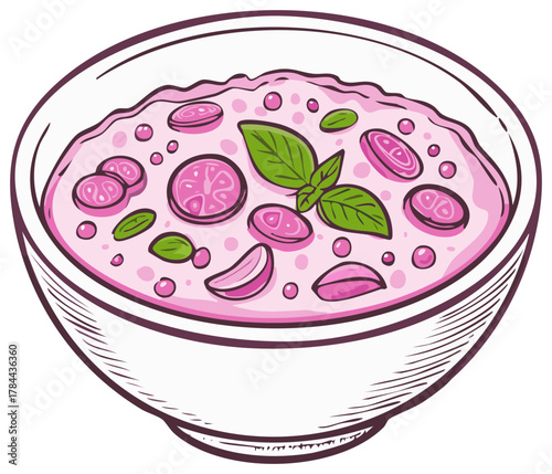 Cartoon Cold Beet Soup Bowl with Herbs, Illustration of Chlodnik Dish with Vegetables and Herbs, Summer Food