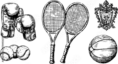 Sports equipment including boxing gloves, tennis rackets, and a basketball in a classic vector illustration set.
