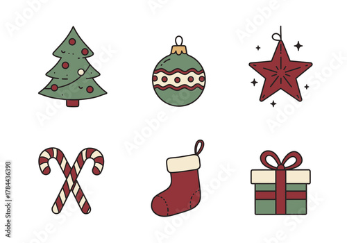 Festive Holiday Icons Christmas Tree, Ornaments, Candy Canes, Stocking, and Gift Box Graphics