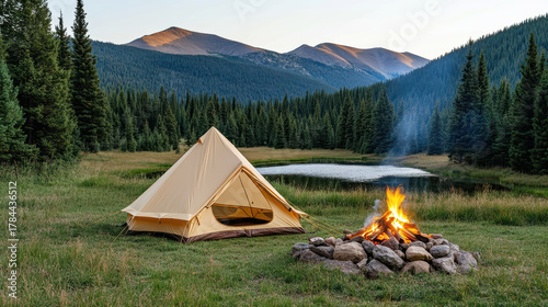 Fototapeta Naklejka Na Ścianę i Meble -  Peaceful tent campsite by lake at mountain clearing with campfire smoke