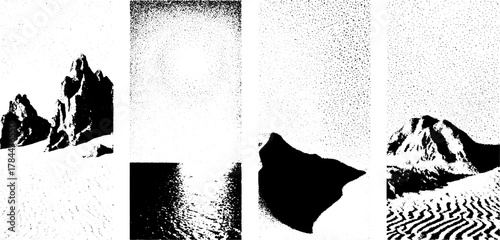 Antique engravings featuring detailed silhouettes of rock formations. A vintage black and white vector illustration set suitable for decor.