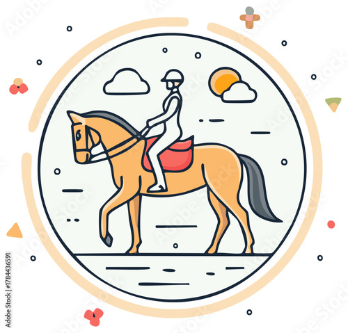 Equestrian rider on a horse in an outdoor setting circular illustration. Horseback riding sport hobby graphic.