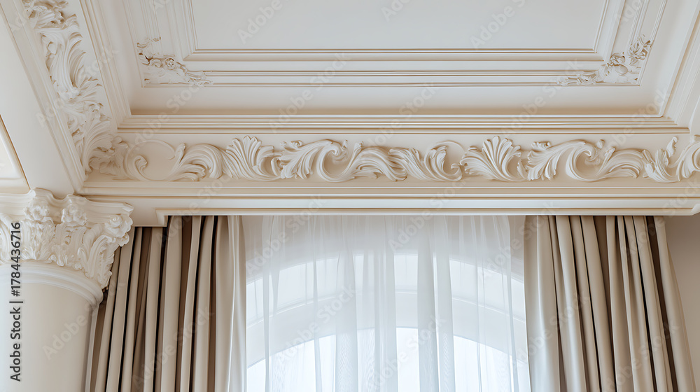 Obraz premium An opulent room bathed in ethereal light showcases a blend of architectural grandeur and soft textiles, detailed moldings, complemented by flowing curtains, enhancing the tranquil ambiance.