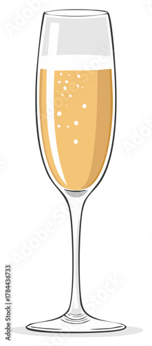 Elegant champagne flute filled with golden bubbly sparkling wine and rising effervescent bubbles